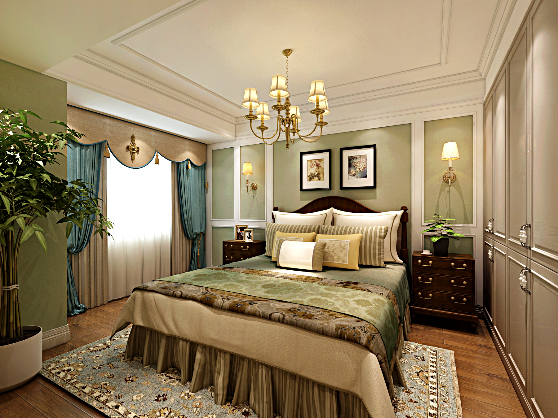 120平米装修,15-20万装修,三居室装修,卧室,地板,美式风格,卧室背景墙,绿色