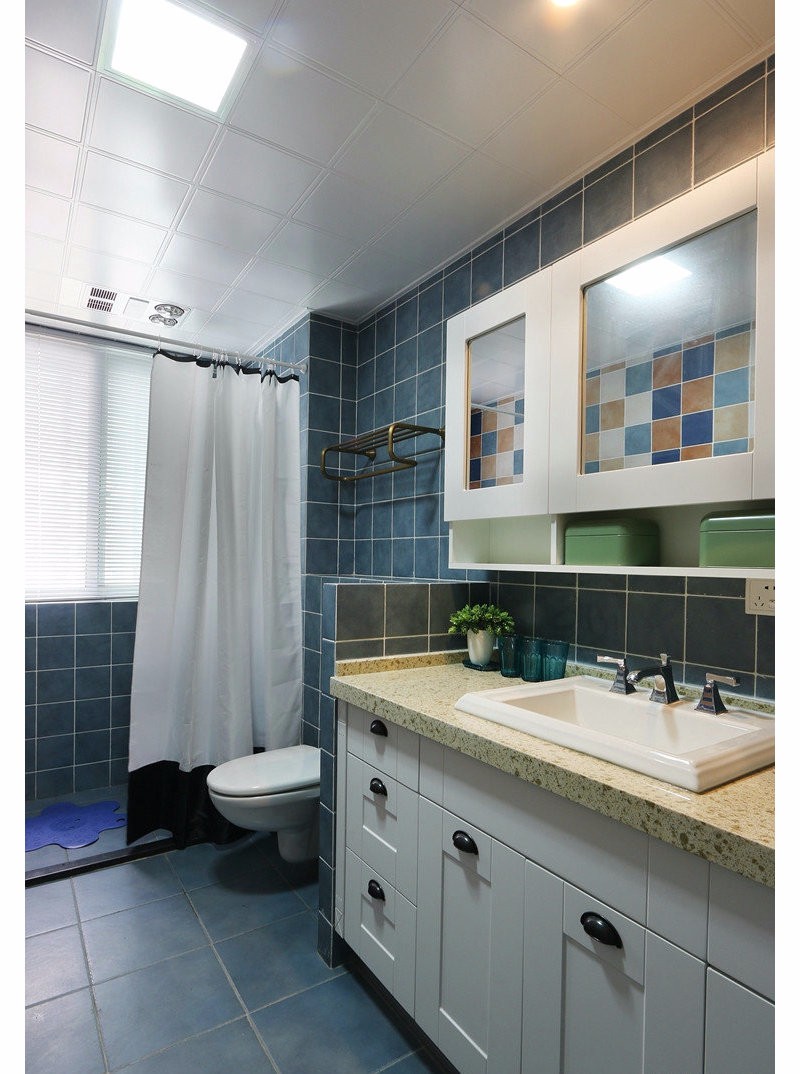 120平米装修,三居室装修,10-15万装修,卫生间,美式风格,蓝色,洗手台