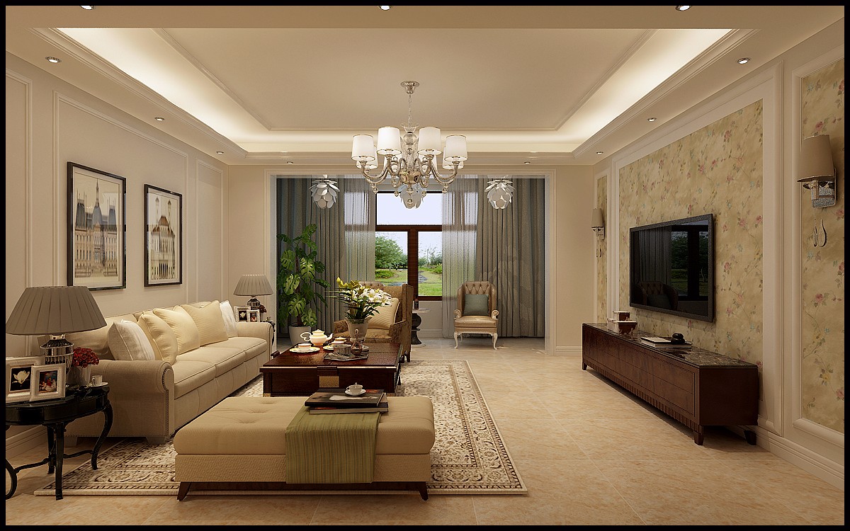 120平米装修,15-20万装修,三居室装修,客厅,美式风格,电视背景墙,吊顶,白色