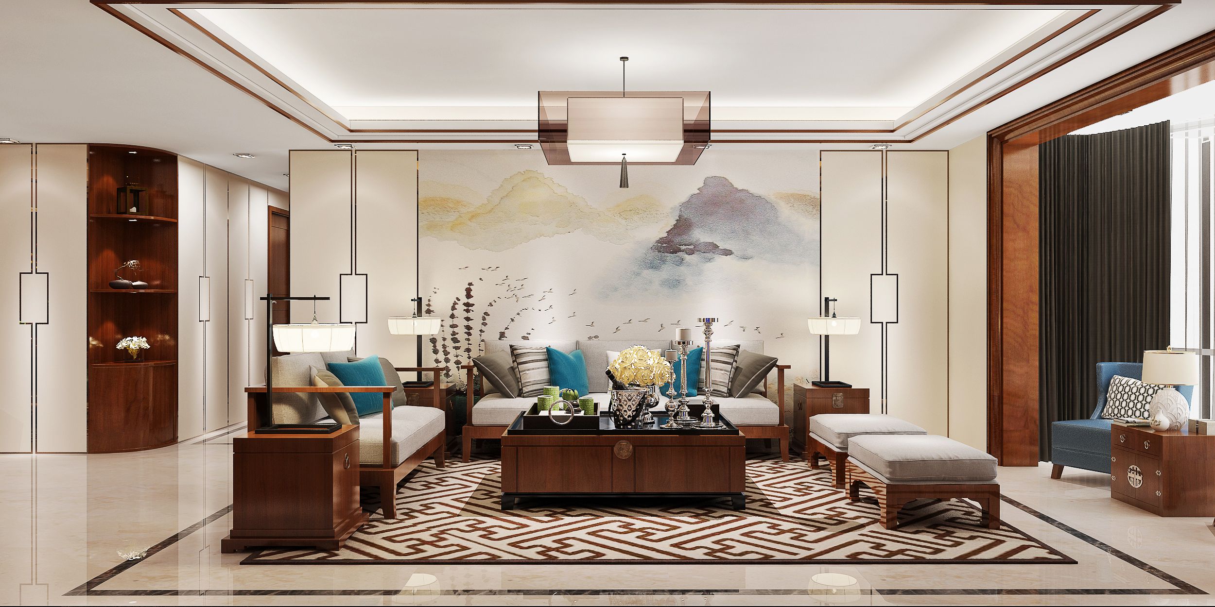 中式风格大户型沙发背景墙装修效果图