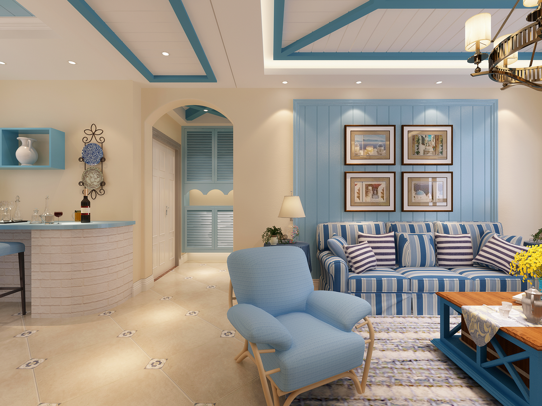 三居室装修,120平米装修,15-20万装修,地中海风格,沙发,沙发背景墙,蓝色,客厅