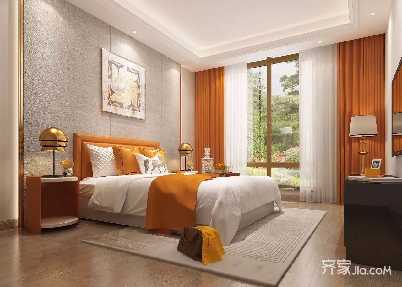 140平米以上装修,20万以上装修,三居室装修,卧室,现代简约风格,橙色,窗帘