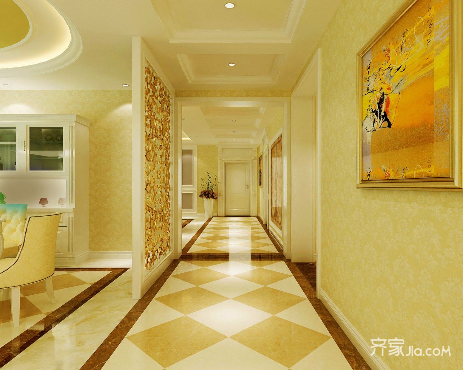 豪华型装修,三居室装修,140平米以上装修,客厅,欧式风格,过道,黄色