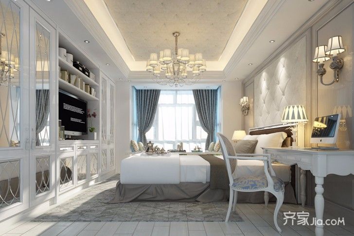 20万以上装修,四房装修,140平米以上装修,卧室,简欧风格,吊顶,白色