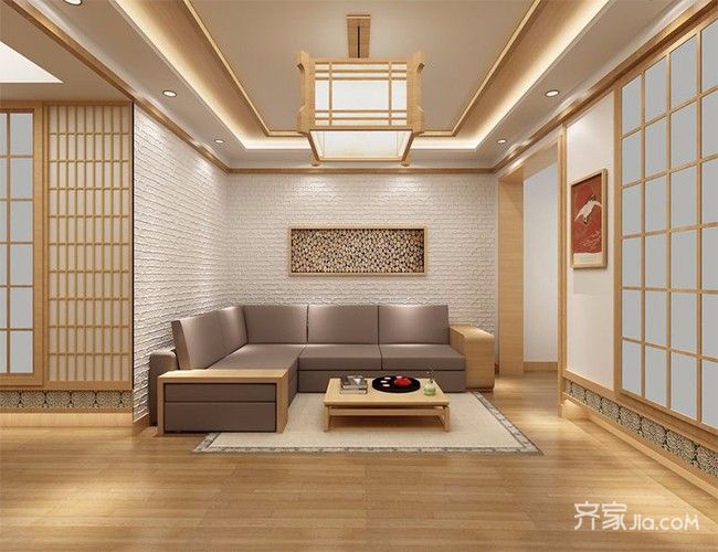 10-15万装修,三居室装修,90平米装修,客厅,日式风格,吊顶,原木色