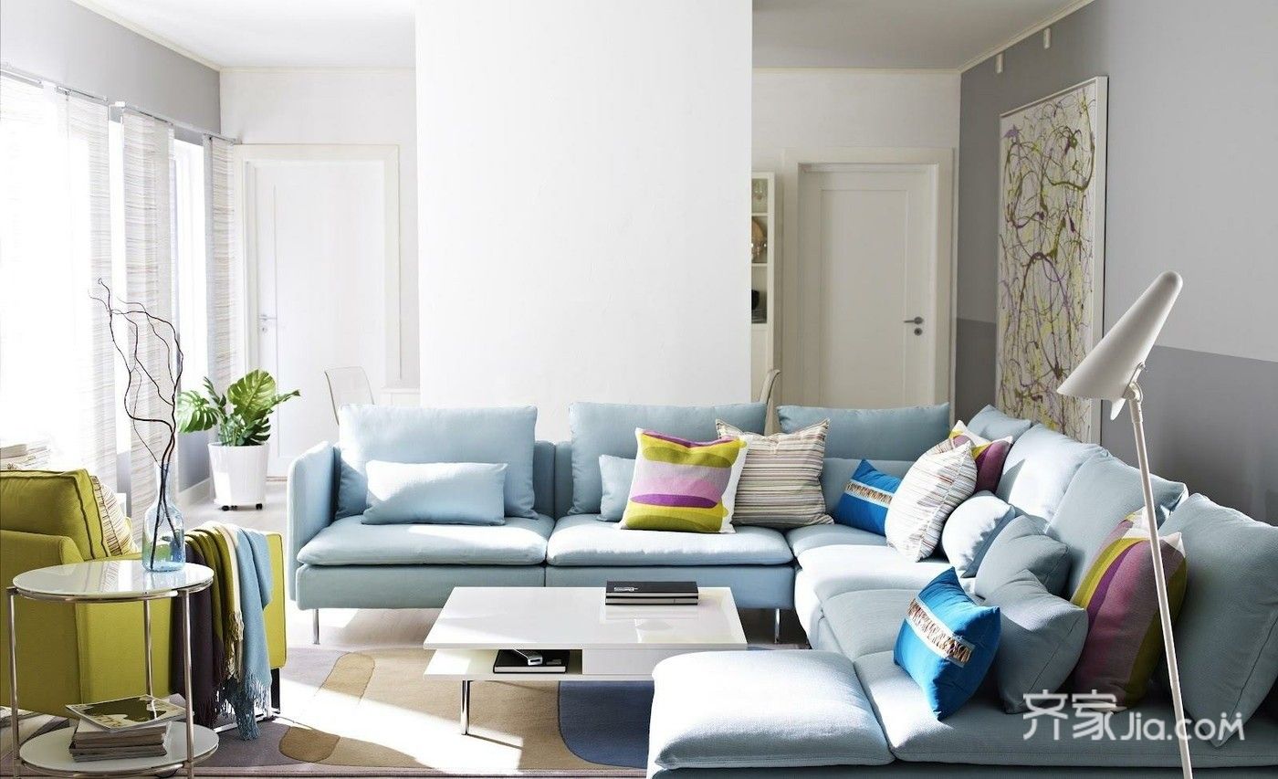 3万-5万装修,二居室装修,70平米装修,简约风格,客厅,沙发,蓝色