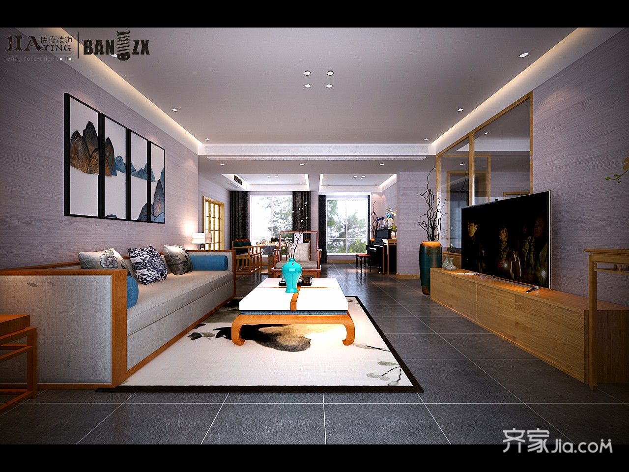 新中式风格大户型沙发背景墙装修效果图