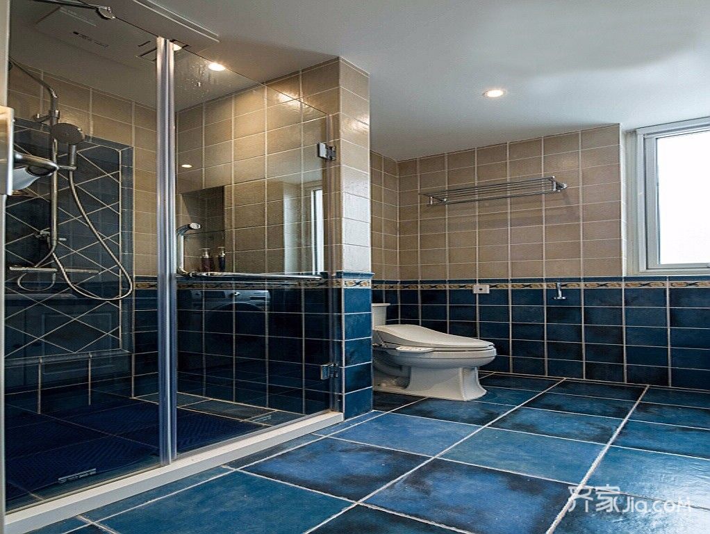 15-20万装修,三居室装修,120平米装修,美式风格,卫生间,蓝色