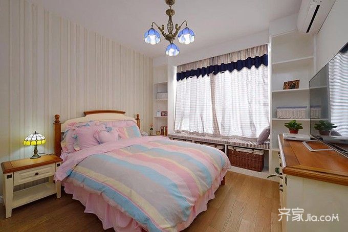 10-15万装修,三居室装修,110平米装修,地中海风格,卧室,卧室背景墙,条纹