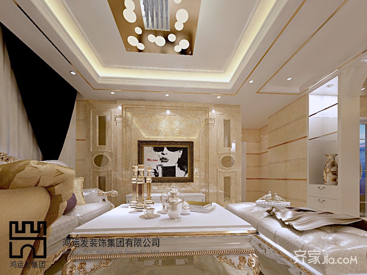 豪华型装修,大户型,140平米以上装修,客厅,简欧风格,电视背景墙,金色
