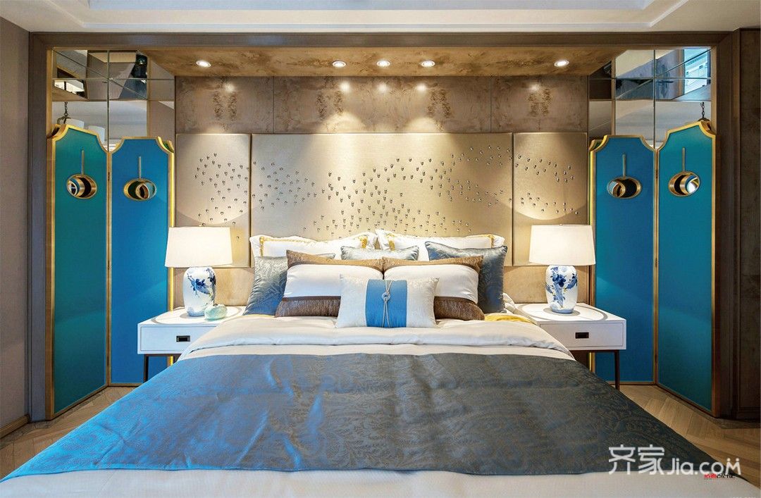 20万以上装修,四房装修,130平米装修,中式风格,卧室,卧室背景墙,蓝色