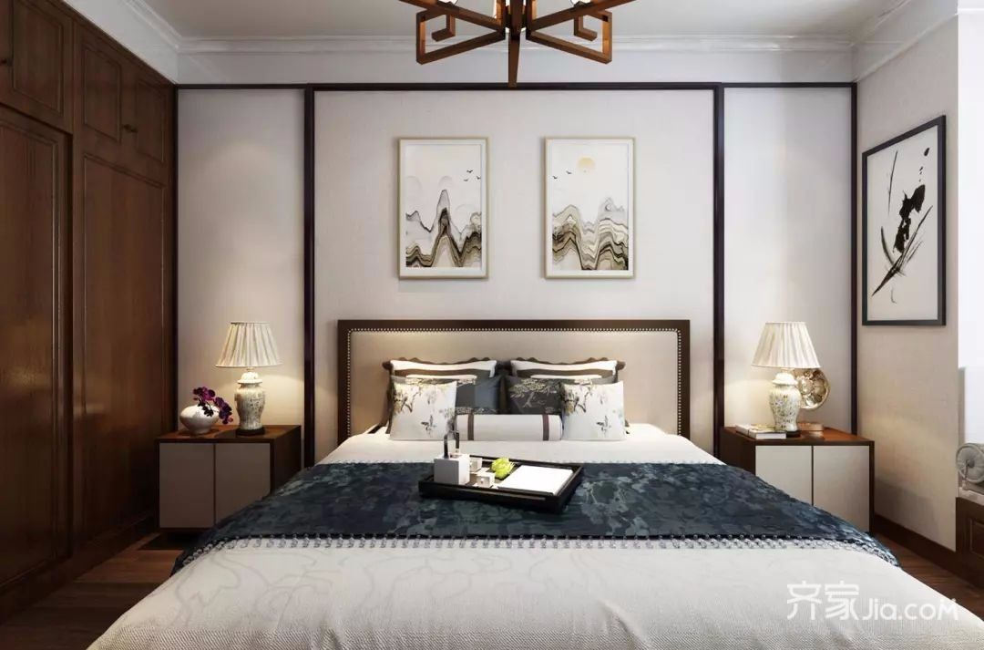 90㎡三居新中式风格装修卧室背景墙效果图