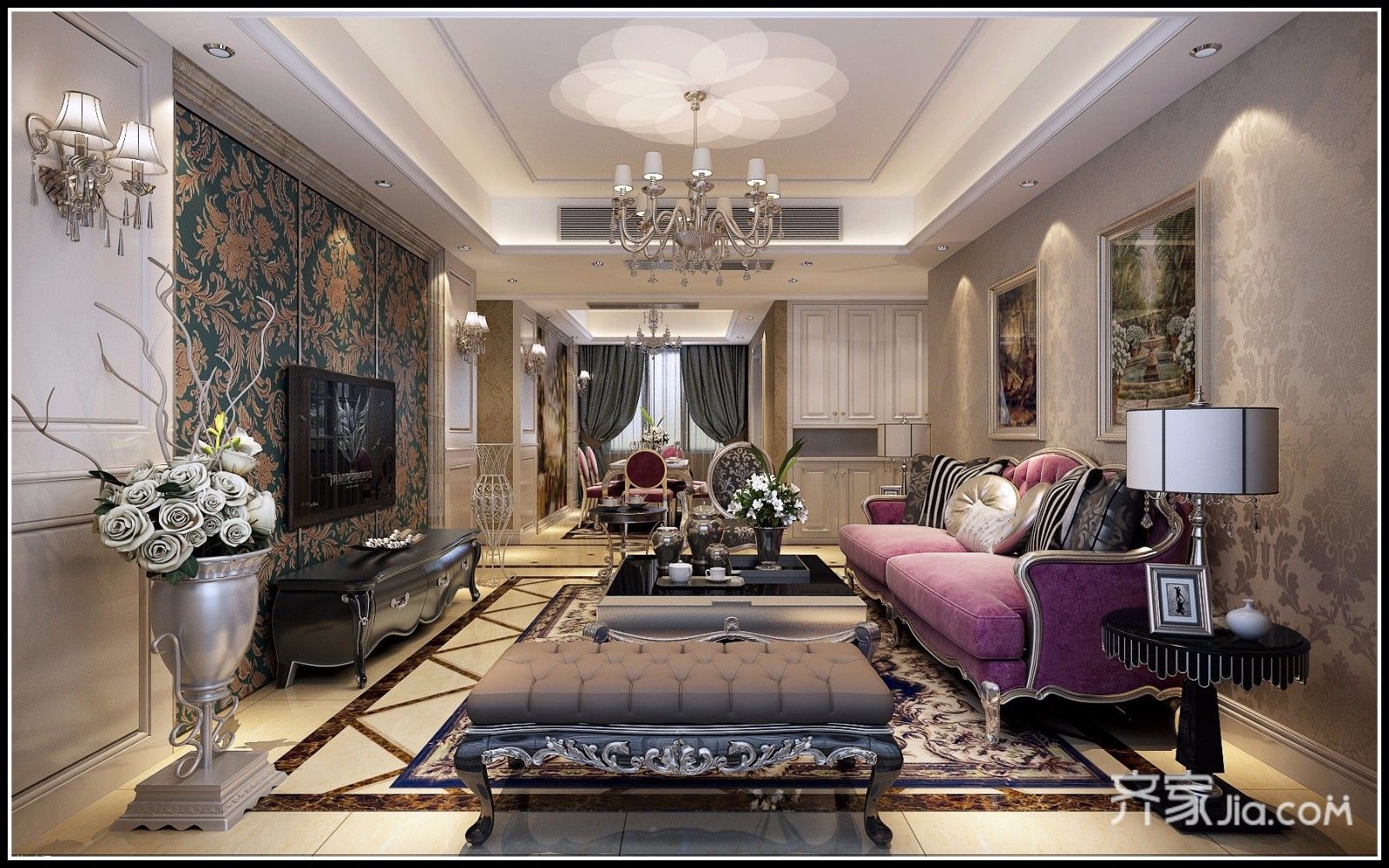 20万以上装修,三居室装修,110平米装修,欧式风格,客厅,电视背景墙,沙发,暖色调
