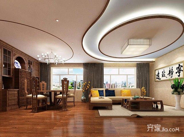 20万以上装修,三居室装修,120平米装修,中式风格,客厅,吊顶,餐厅,暖色调