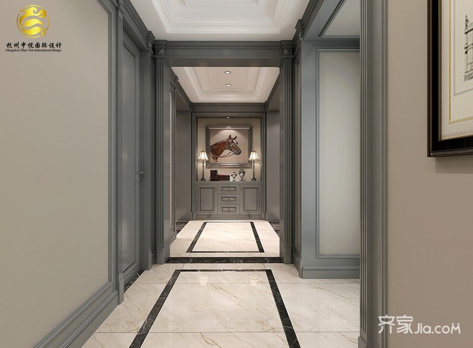 高级灰调美式四房装修走廊图片