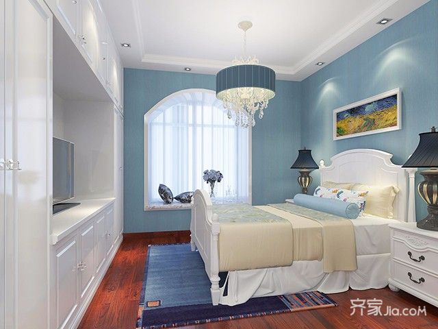 15-20万装修,三居室装修,130平米装修,地中海风格,卧室,灯具,飘窗,蓝色