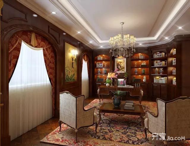 20万以上装修,三居室装修,140平米以上装修,欧式风格,书房,书架,书桌,褐色
