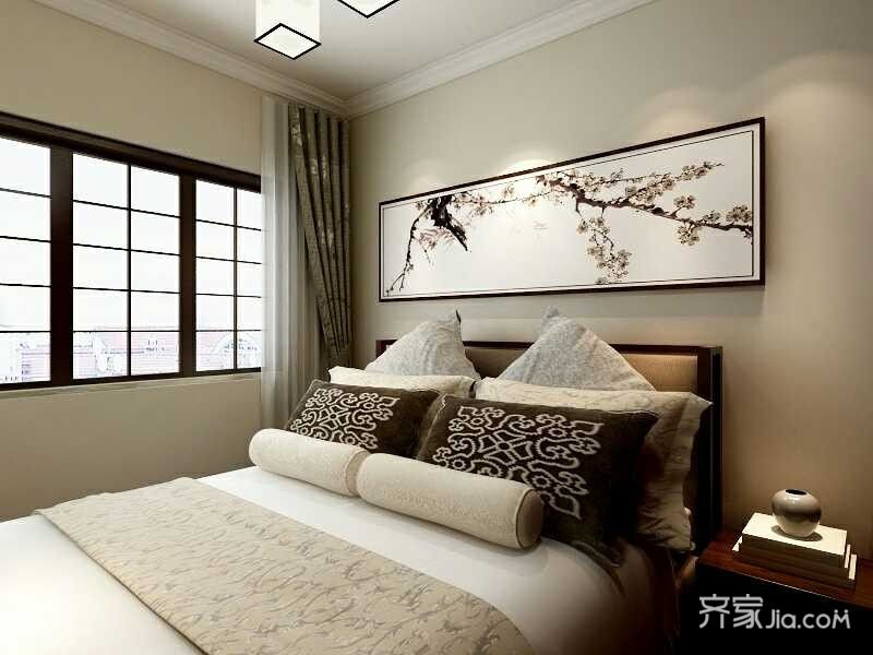 10-15万装修,三居室装修,100平米装修,中式风格,卧室,卧室背景墙,米色
