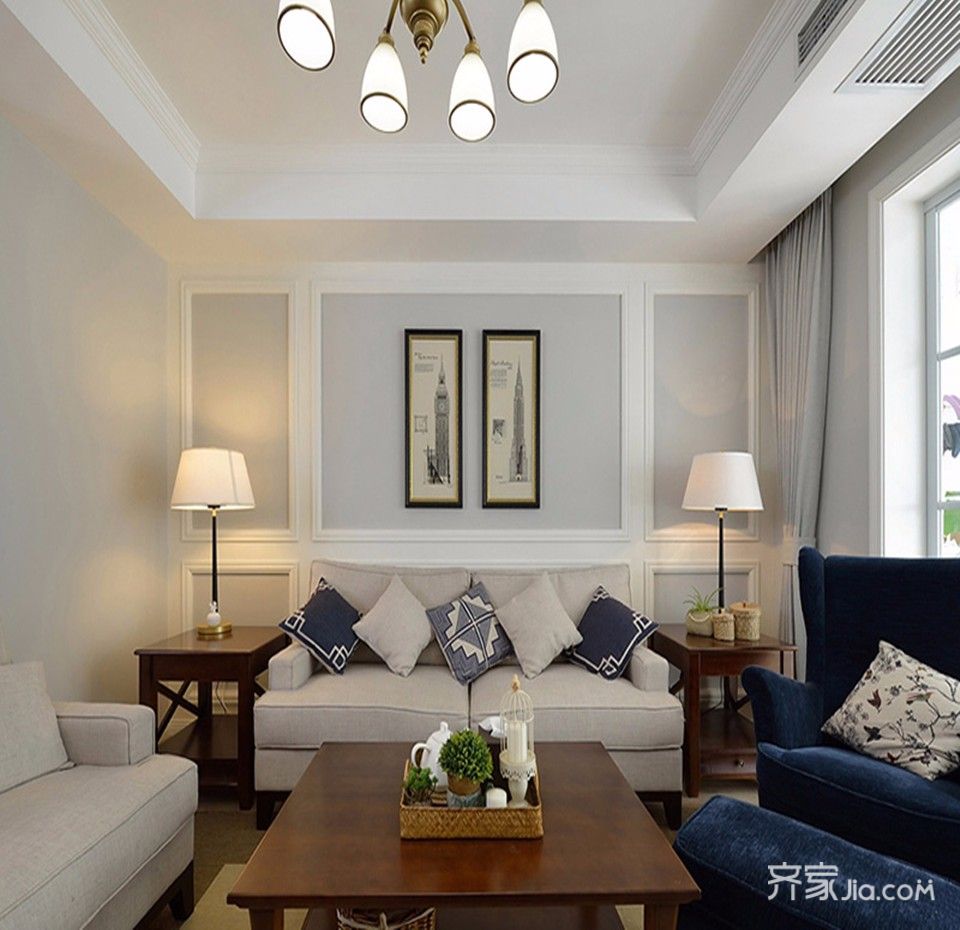三居室装修,90平米装修,美式风格,客厅,沙发背景墙,白色