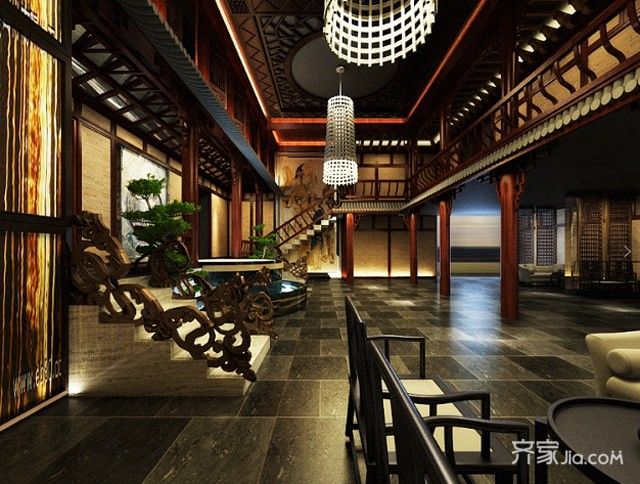 茶馆,大户型,20万以上装修,140平米以上装修,中式风格,客厅,黑色,茶室,过道