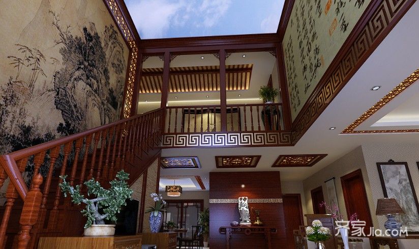 大户型,豪华型装修,140平米以上装修,中式风格,客厅,楼梯,原木色