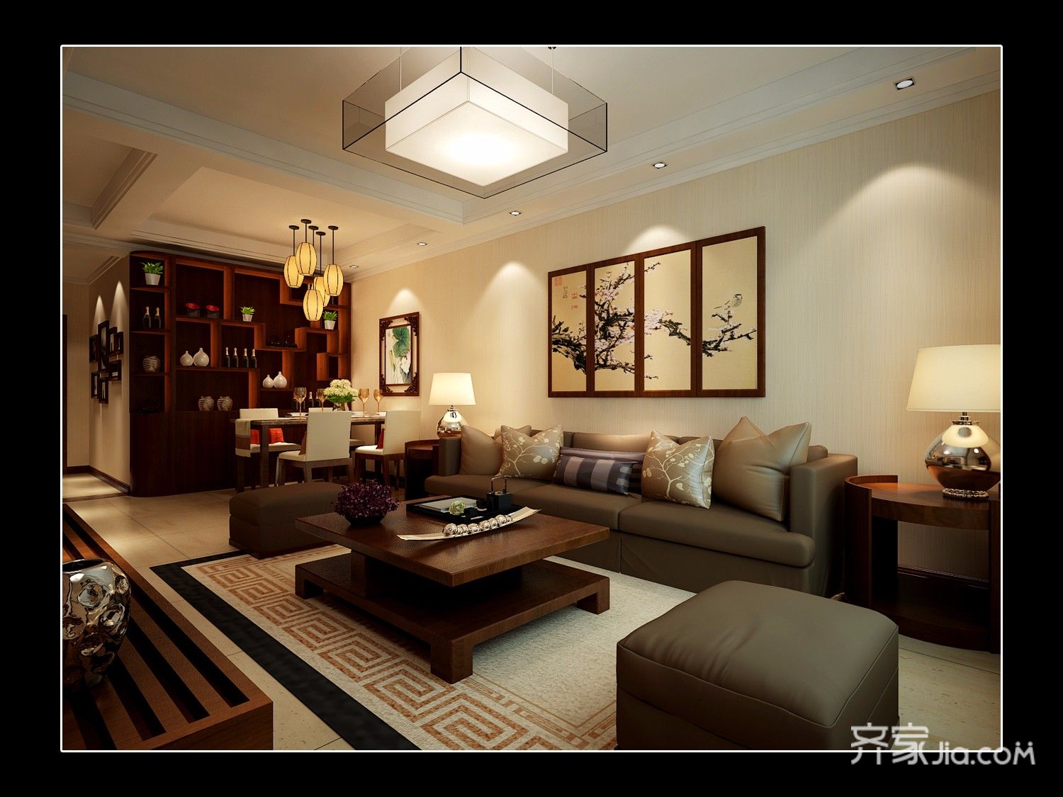 三居室装修,90平米装修,中式风格,客厅