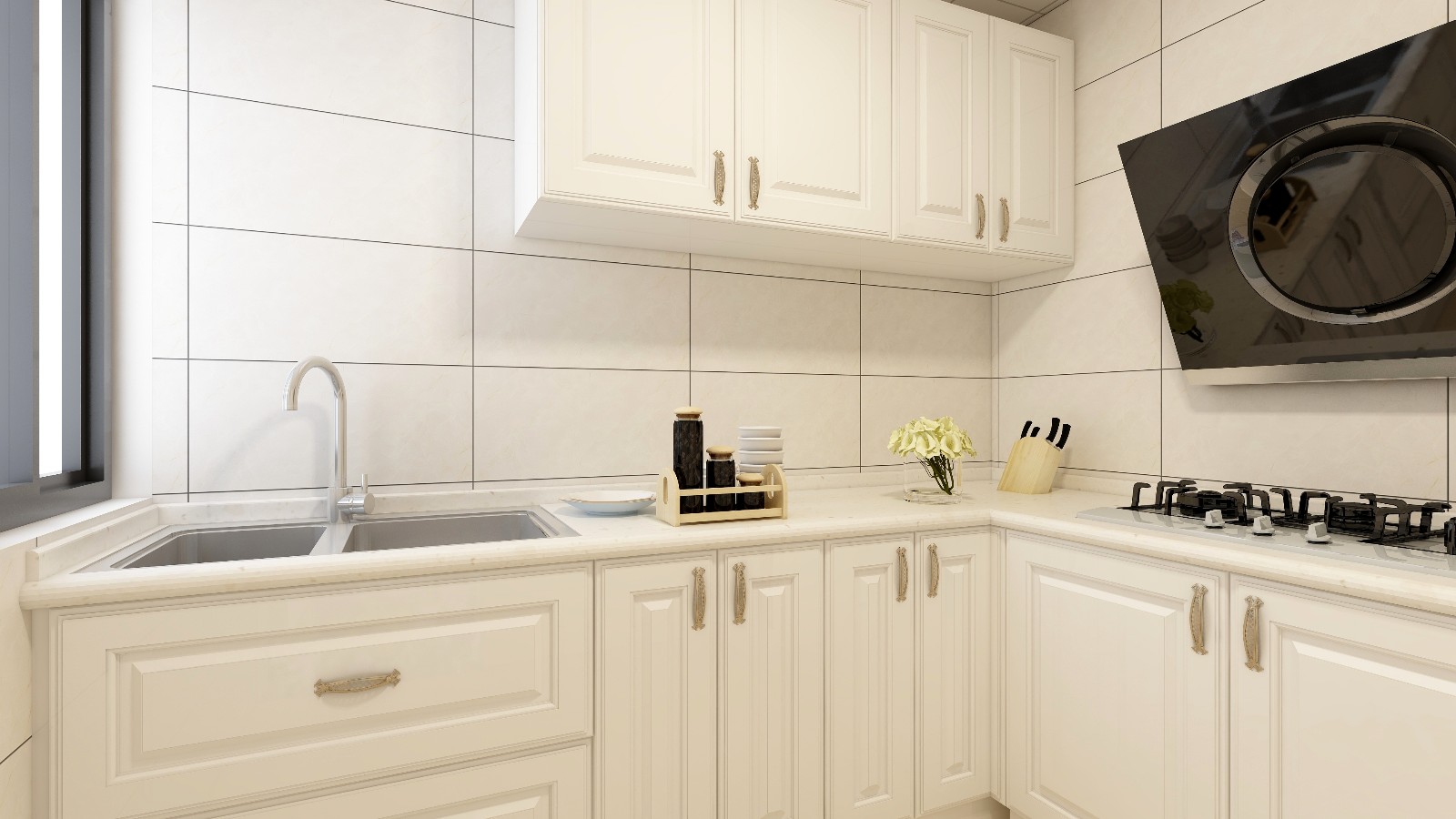 厨房光线较暗,采用亮色墙砖搭配白色橱柜,花纹大理石台面提亮整个空间