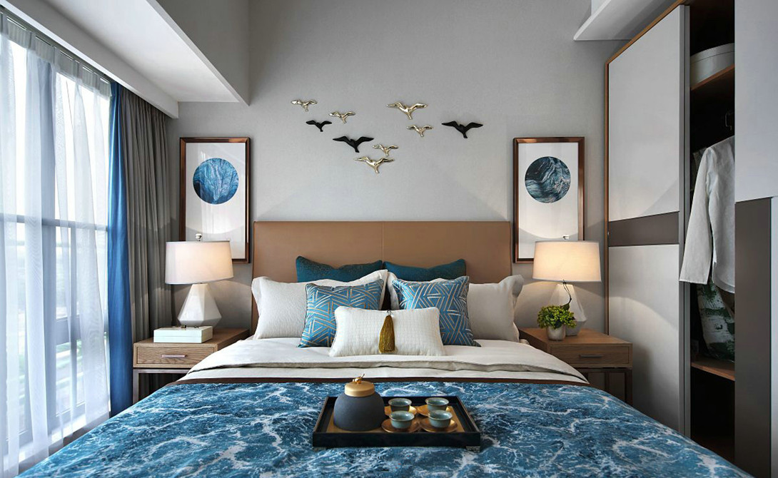 中式风格,现代简约风格,10-15万装修,90平米装修,三居室装修,蓝色