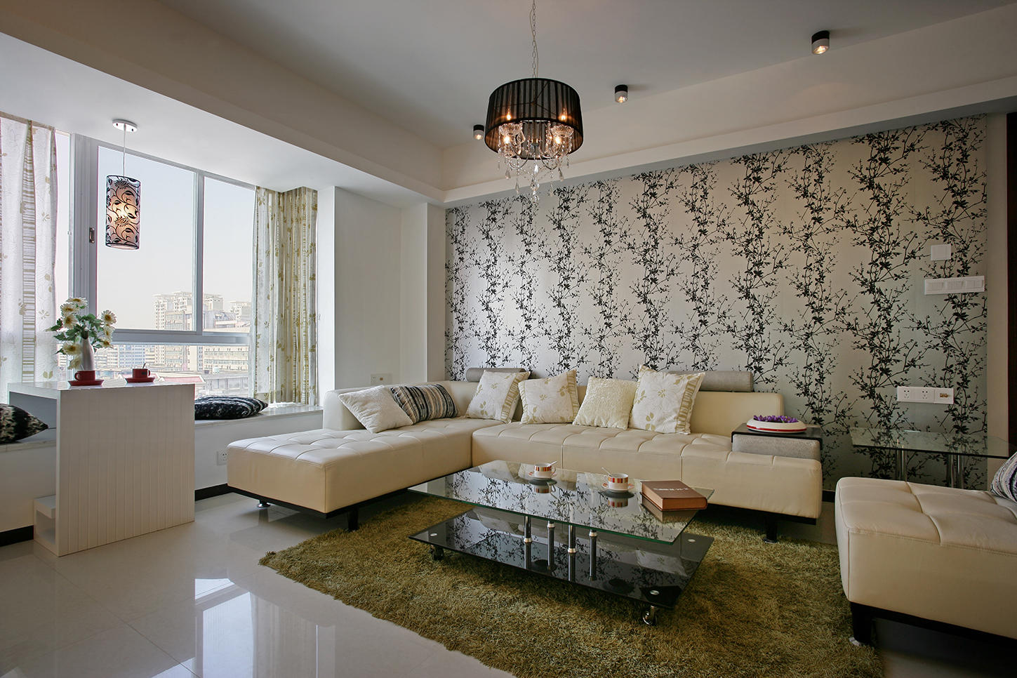 90平米装修,三居室装修,现代简约风格,10-15万装修,沙发,沙发背景墙,壁纸,白色