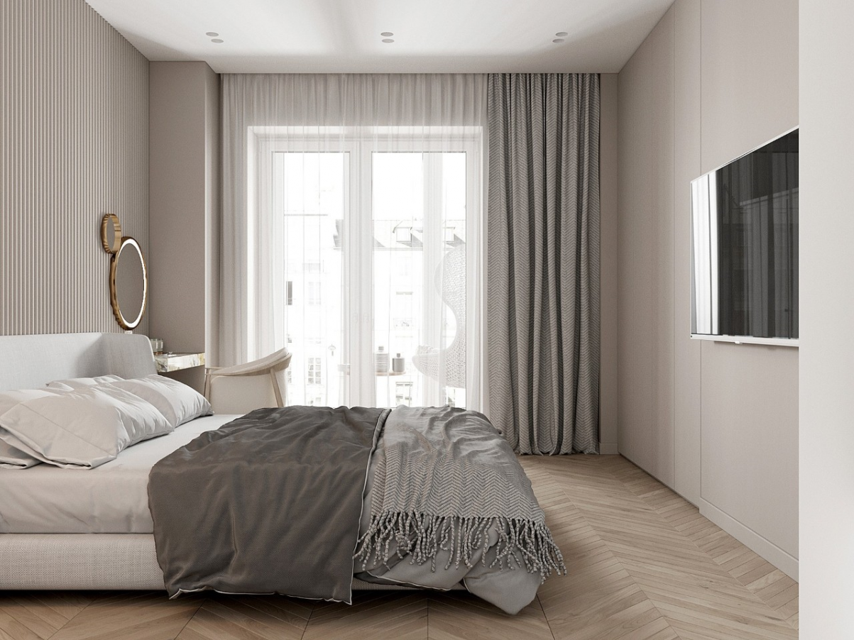卧室采用浅奶咖色墙壁搭配深色地板-家居美图_装一网装修效果图