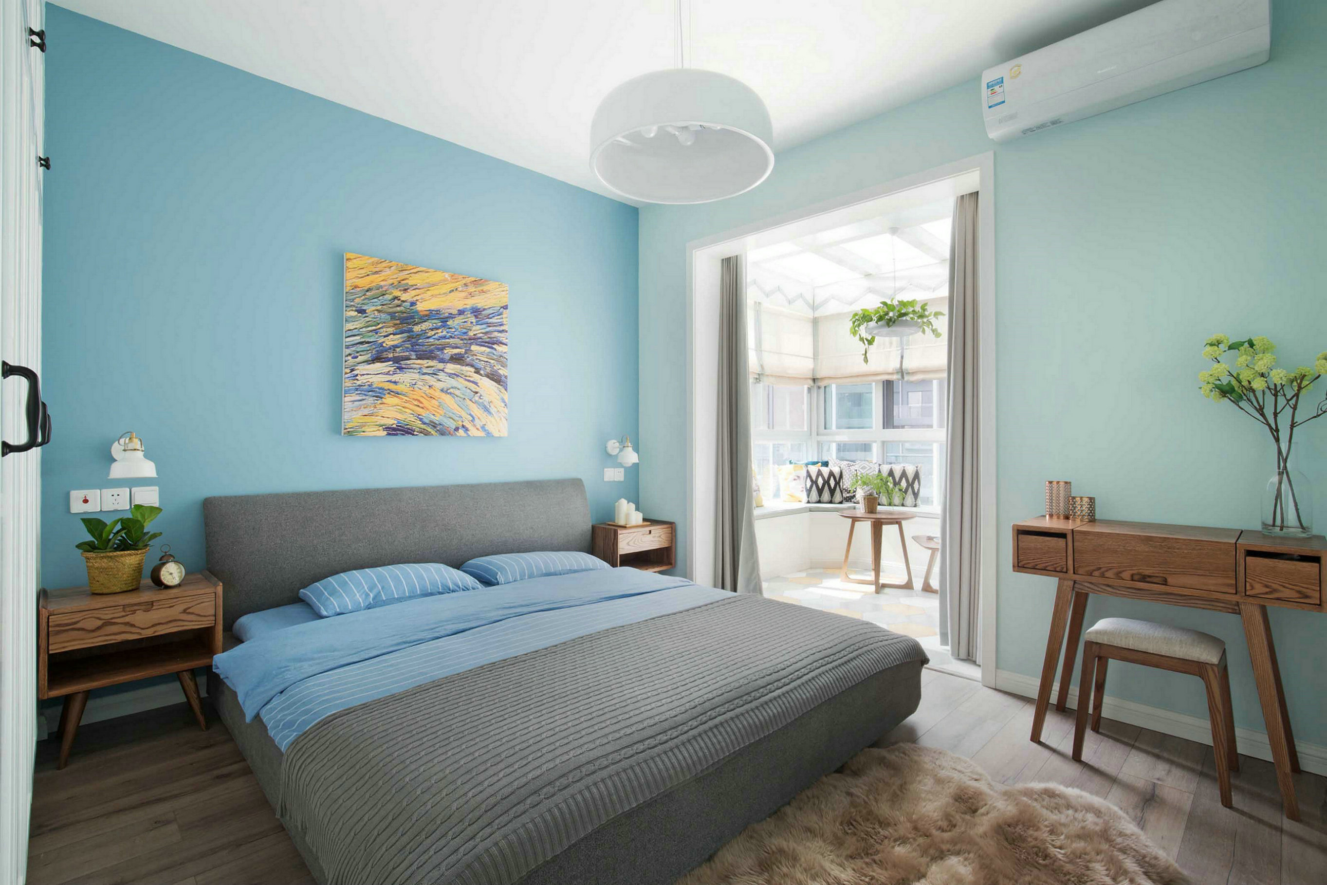 蓝色北欧风格三居卧室装修效果图
