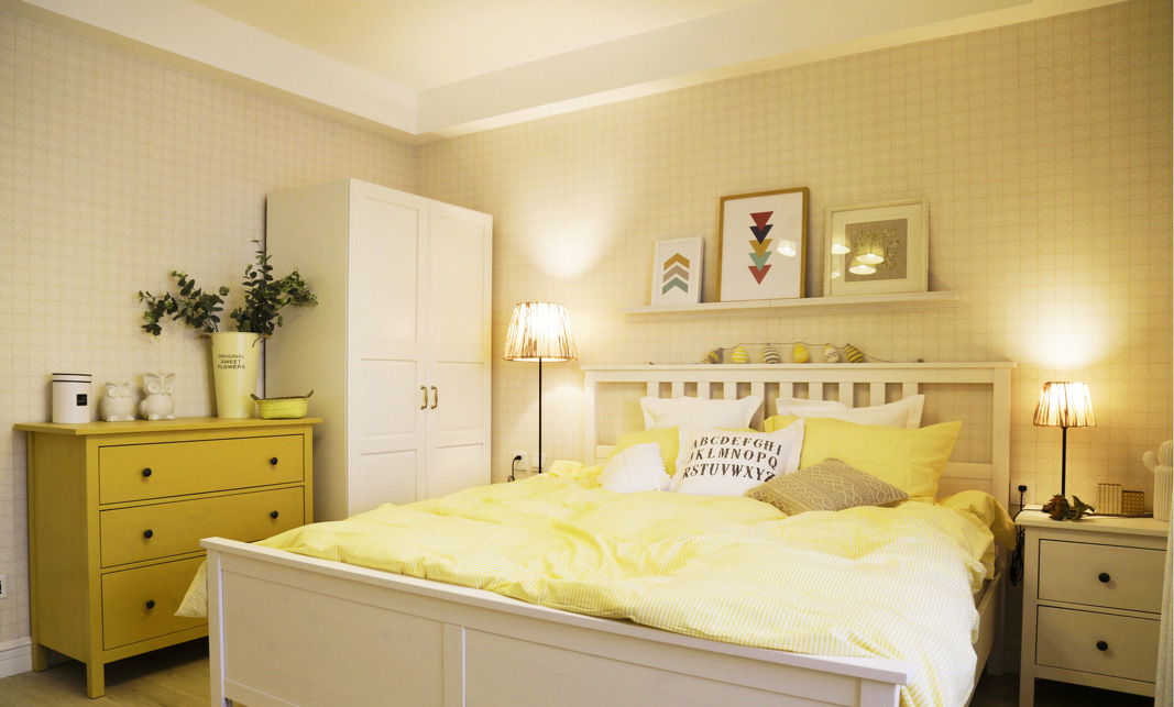 三居室装修,北欧风格,120平米装修,10-15万装修,黄色,卧室背景墙