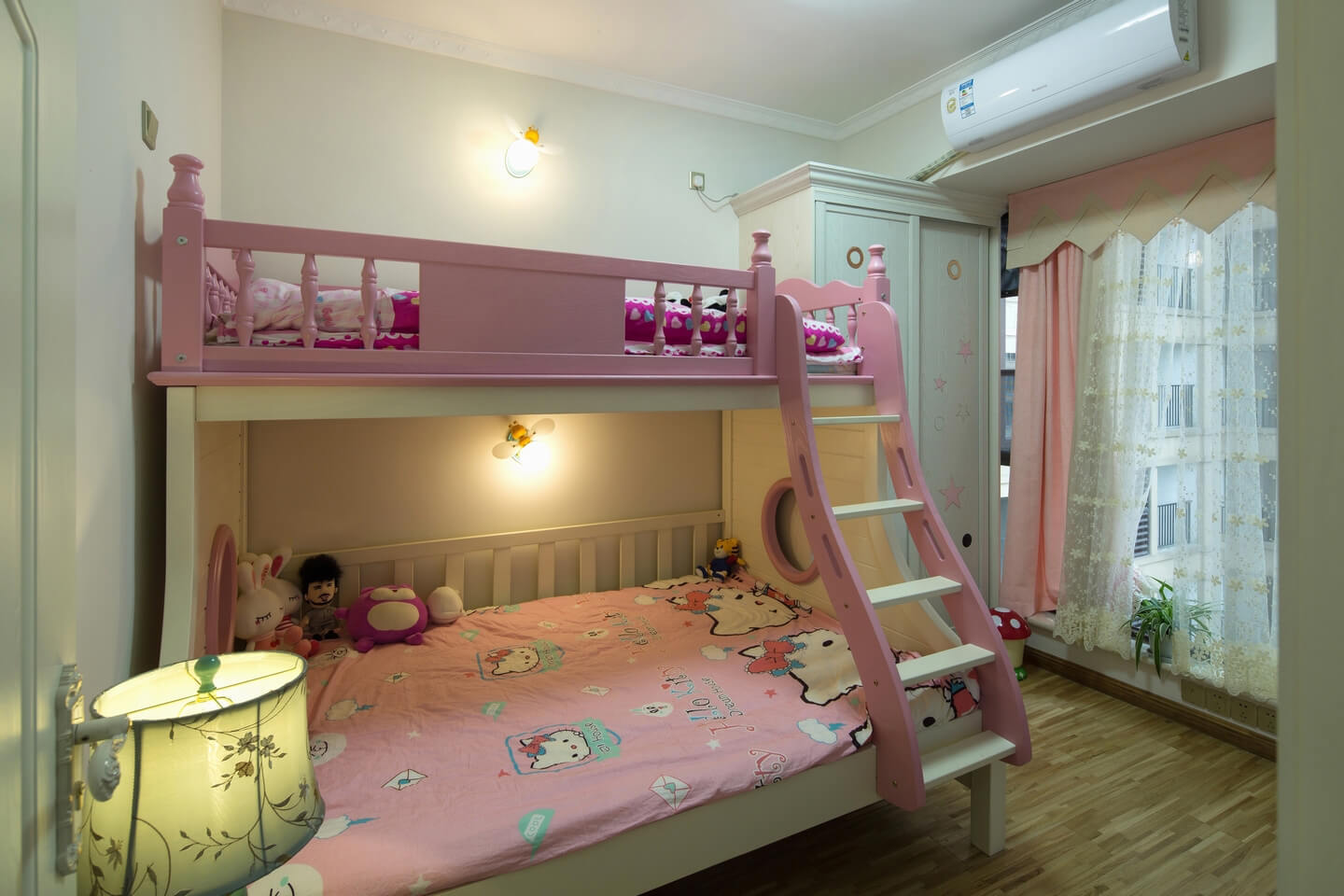 三居室装修,110平米装修,10-15万装修,美式风格,粉色,儿童床