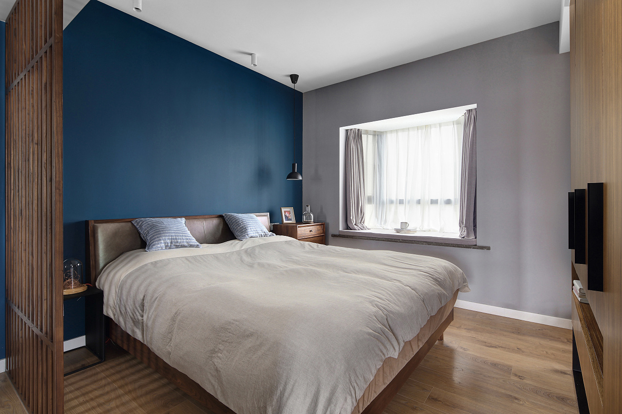 二居室装修,120平米装修,10-15万装修,北欧风格,卧室背景墙,蓝色