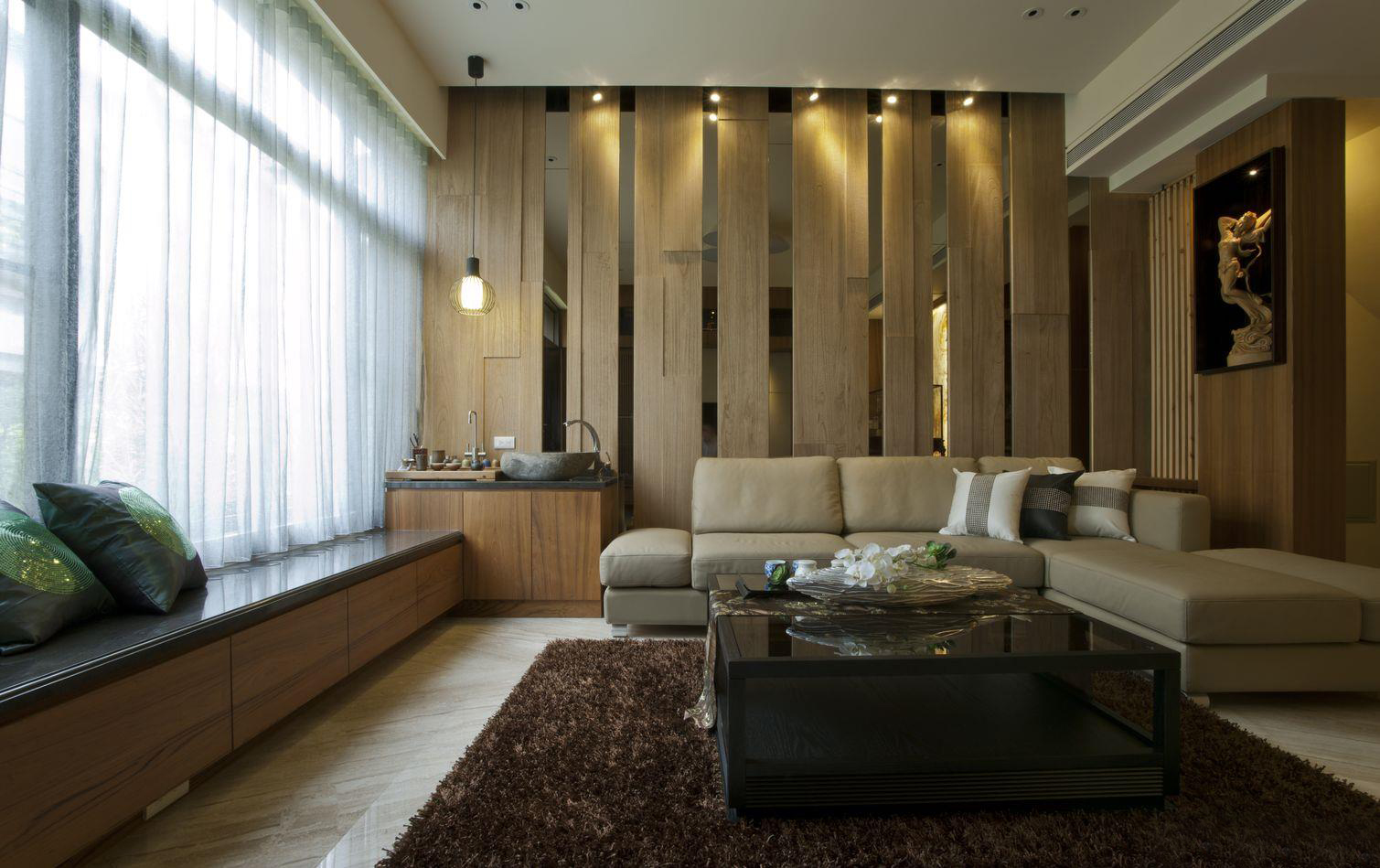 大户型,20万以上装修,140平米以上装修,中式风格,客厅,沙发,原木色