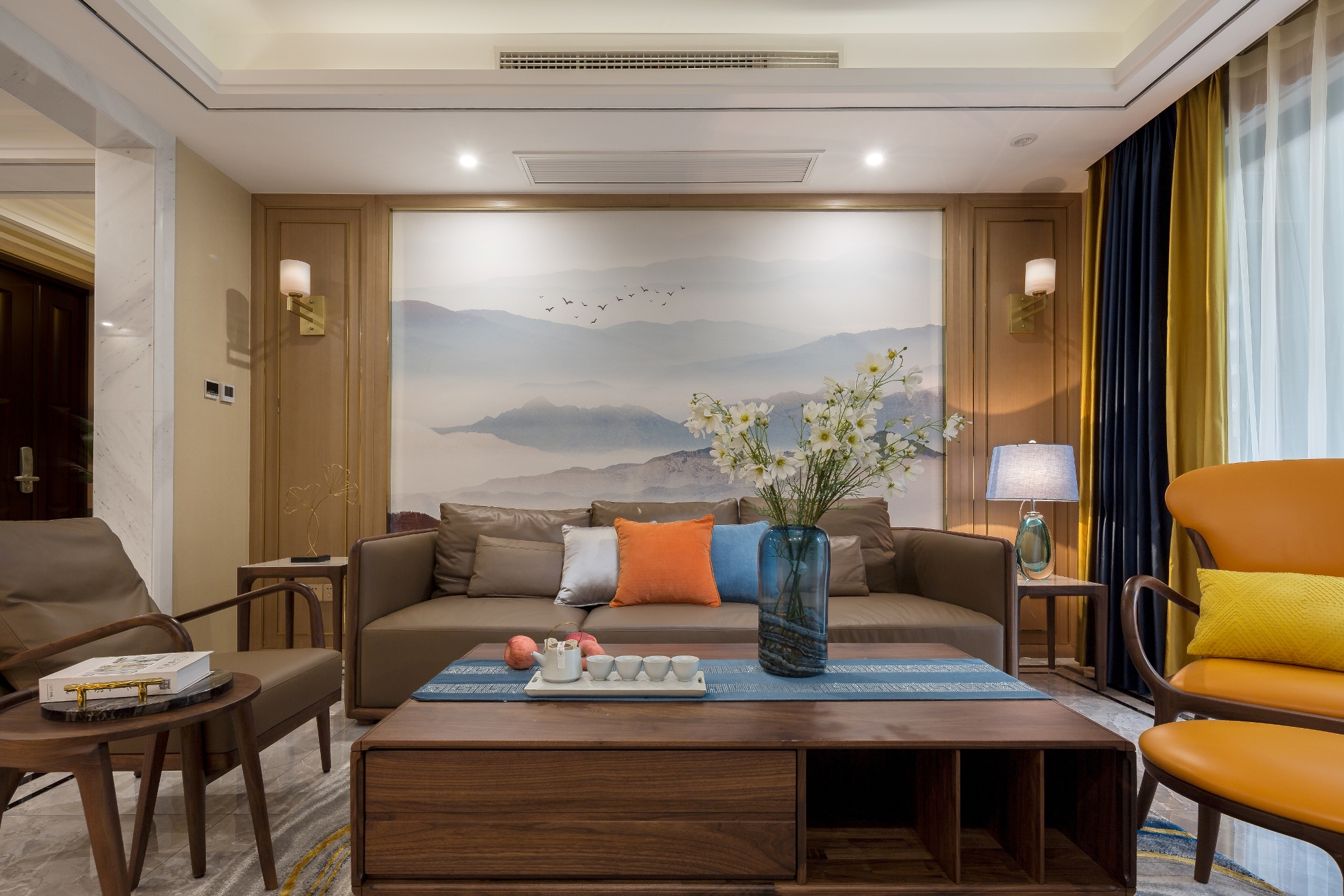 中式客厅沙发背景墙壁画装修效果图 – 设计本装修效果图